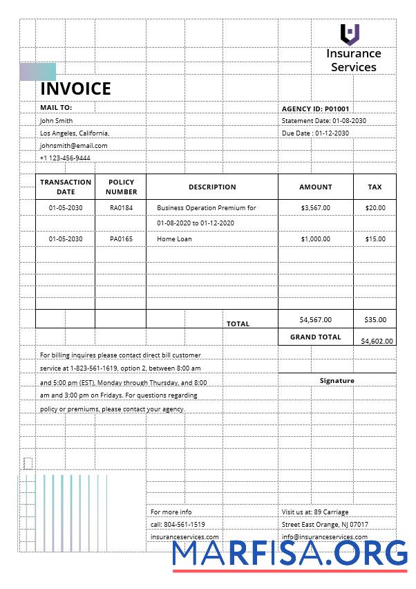 Printable Insurance Agency Invoice Template